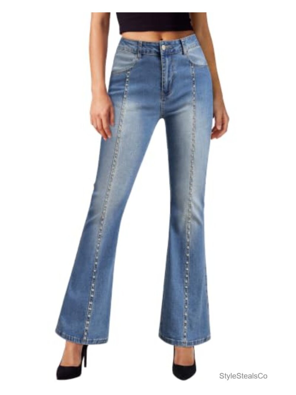 Women's Flare Slim Fit High Waisted Stretchy Studded Denim Jeans